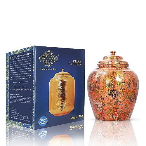 Image of Indian Art Villa Printed Flower Design Copper Water Dispenser Pot Matka, Storage, Home Kitchen Garden, 6 LTR