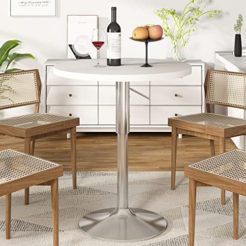 Recaceik 31.5" Round Dining Table With Mdf Table Top, Pedestal Dining Table With 360° Swivel Tabletop & 27.9"-35.4" Adjustable Height, Pub Bistro Cocktail Table For Café Home Kitchen, White #TOP3