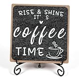 Wanmu Wooden Coffee Bar Sign, Wooden Coffee Bar Decor with Iron Stand, Rustic Wood Black and White Bar Tabletop Shelf Accessories for Farmhouse Home Kitchen Office Cafe Lover Gifts