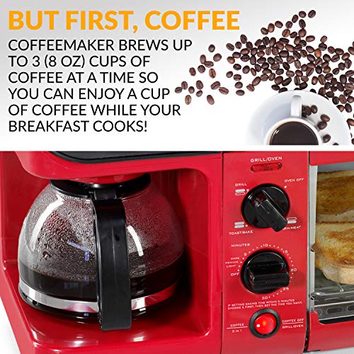 Nostalgia 3-In-1 Breakfast Station - Includes Coffee Maker, Non-Stick Griddle, And 4-Slice Toaster Oven - Versatile Breakfast Maker With Timer - Red #TOP1