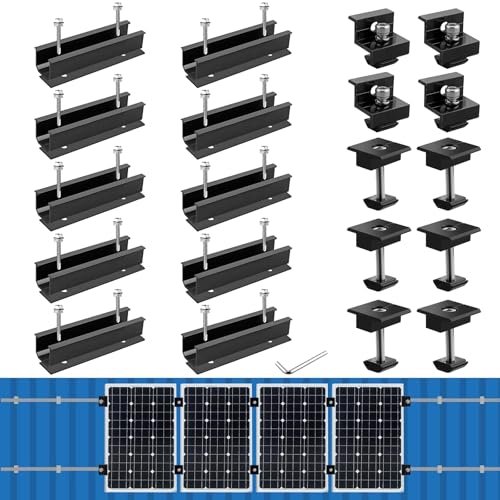 Anbte Solar Panel Mounting Brackets Included 10 x 4.72 in Rails + 4 end Clamps + 6 Center Clamps + 1 Wrench Aluminum Solar Mounting Kit for 4 Panels Waterproof for Roof RV Boat Black