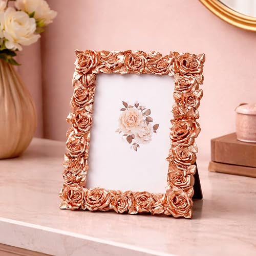 Image of Art Street Elegant Golden Rose Design Resin Vintage Table Photo Frame, 4x6 Inch Photo, Decorative Frames Perfect for Home Decor, Unique Gift Idea, Birthday, Wedding, Return Gift - Royal Pink Gold