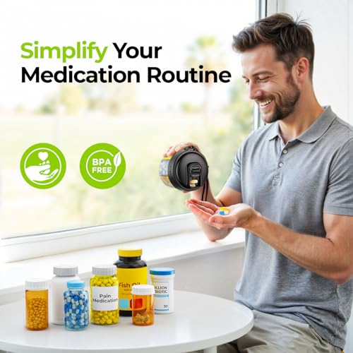 Image of AUVON Portable Pill Dispenser for 7 Various Supplements, Pill Organizer Bottle Travel Essentials with Anti-Mixing Design, Arthritis-Friendly Pill Container with Wide Opening & Slider Lid, 20 Stickers
