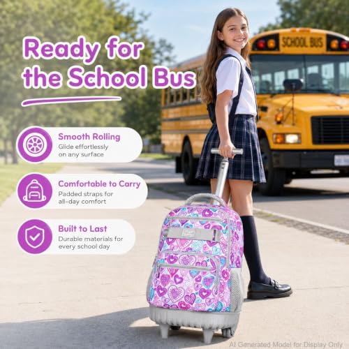Image of 3Pcs Rolling Backpack for Girls Women, Travel Roller Backpacks with Wheels for Adults, Teens College Love Wheeled Bookbag with Lunch Box(Ash Powder)