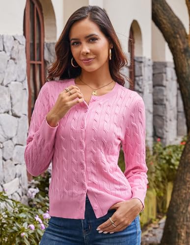 Image of GRACE KARIN Womens Long Sleeve Button Up Cable Knit Cardigan Lightweight 2026 Crewneck Button Down Sweaters for Women