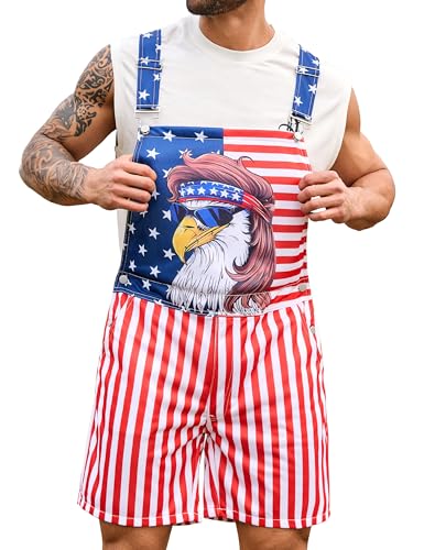 Bindefon Mens 4th of July Overalls Printed American Eagle Short Jumpsuit USA Flag Bibs Coveralls Festival Outfits(Eagle Print M)