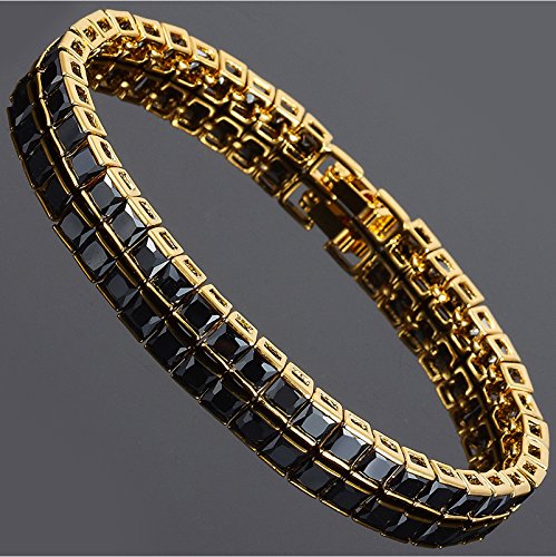 RIZILIA Tennis Bracelet & Square Cut CZ [Simulated Black Onyx] in Yellow Gold Plated, 7"4