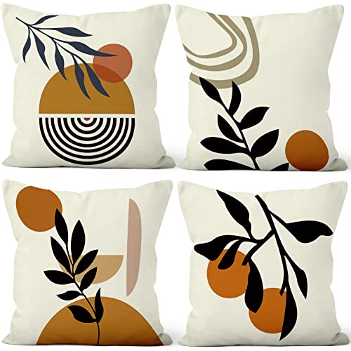 Aoihrraan Fundas de Cojines Juego de 4, Resumen Minimalista Sol Y Luna Hojas Negras Cuadrado Corto De Felpa Suave Funda De Almohada para Sofá Dormitorio Silla Coche Decoración del Hogar 40x40cm Cover