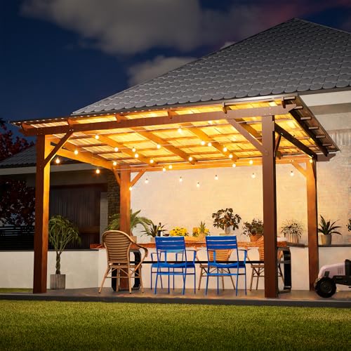 13' x 10' Wooden Garden Gazebo with Metal Roof, Spacious Outdoor Patio Pergola Shade Structure for Backyard, Deck, Poolside - Brown Fir Wood