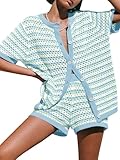 Saodimallsu Womens Crochet Swimsuit Coverup Summer Beach Sets Striped Knit Short Sleeve Button Shirts 2 Piece Short Set Blue