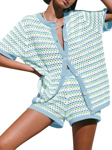 Image of Saodimallsu Womens Crochet Swimsuit Coverup Summer Beach Sets Striped Knit Short Sleeve Button Shirts 2 Piece Short Set