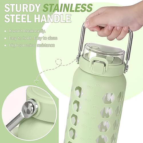 Image of MUKOKO 64oz Glass Water Bottle with Straw and Lid, Green