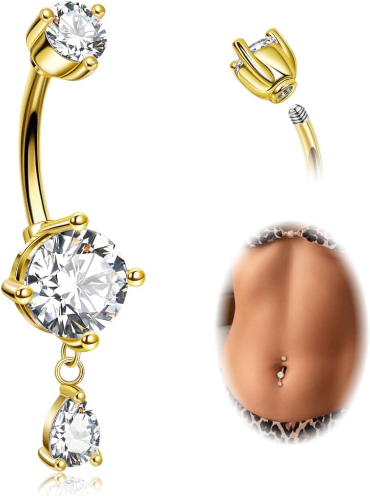 14G G23 Titanium Dangle Belly Button Ring for Women Teardrop Navel Ring Hypoallergenic CZ Dangling Barbell Navel Piercing Jewelry 6-16MM