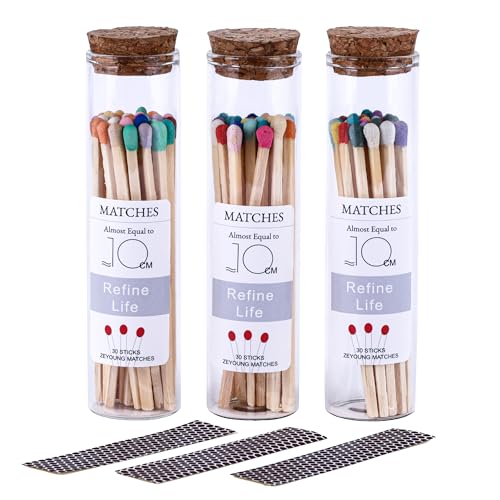 4" Rainbow Matches Included with Match Holder, 3 Matches Bottles with Candle Matches in a Jar, Long Fireplace Matches for Grill Fireplace BBQ, Long Wooden Matchsticks for Custimize Events