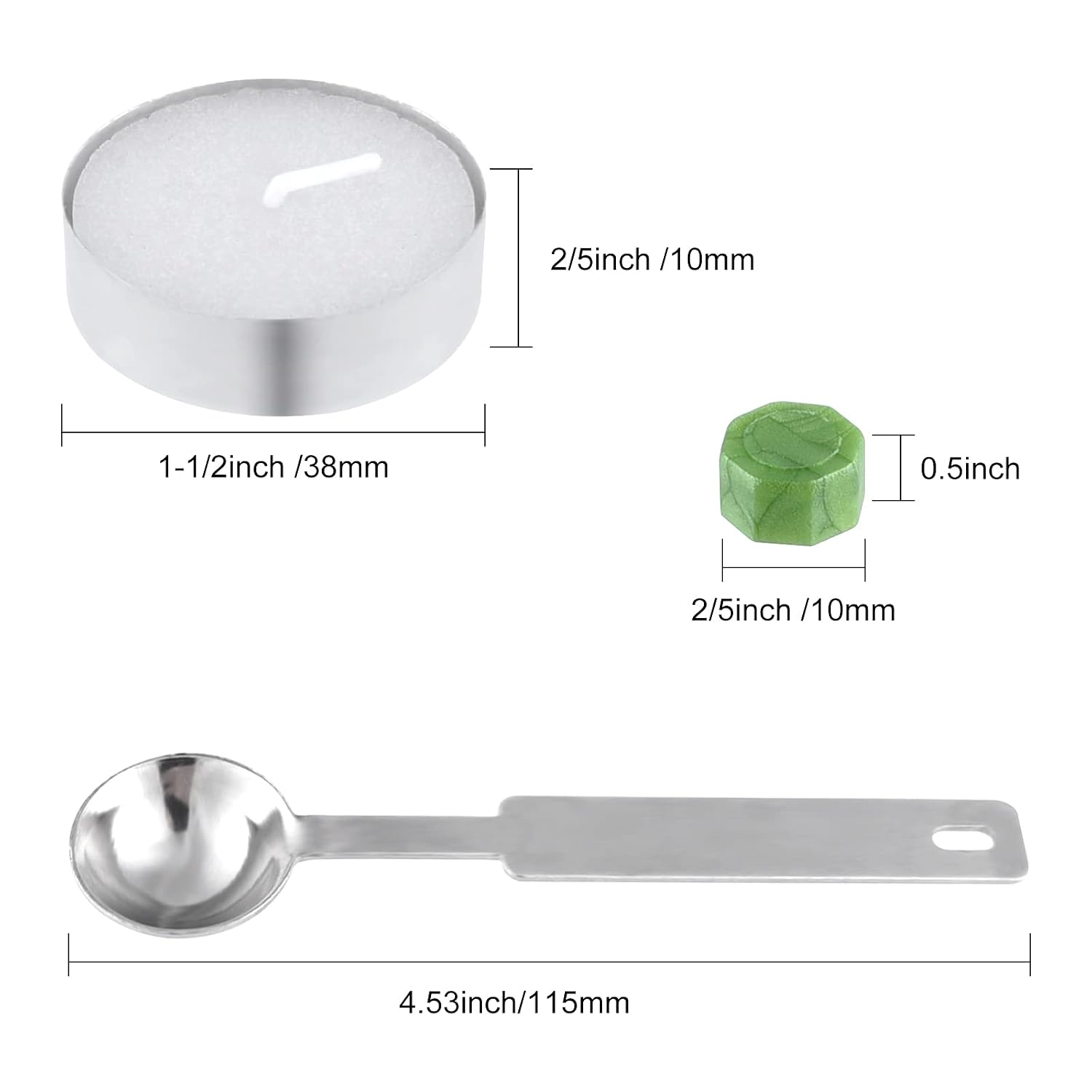 FEPITO 300 Pcs Octagon Sealing Wax Beads with 3 Pcs Tea Candles and 1 Pcs Wax Melting Spoon for Wax Stamp Sealing (Green Mix)