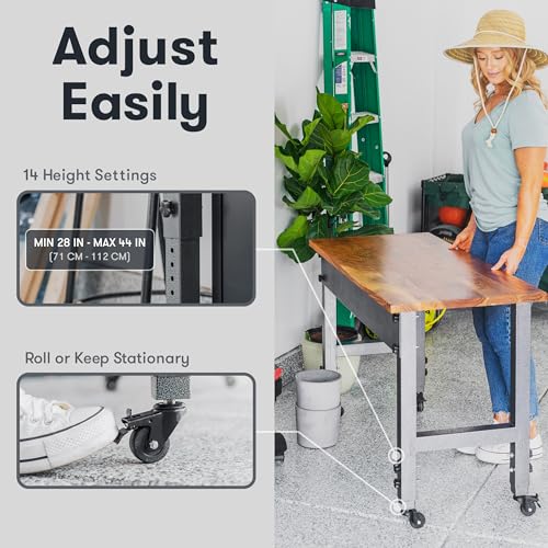 Fedmax Work Bench - 61" Rolling Portable Workbench for Garage - Metal with Acacia Hardwood Top, Adjustable Legs