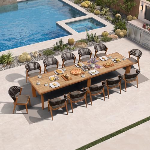 Image of PURPLE LEAF Outdoor Dining Set for 12 with HPL Table and Chairs Deep Teak