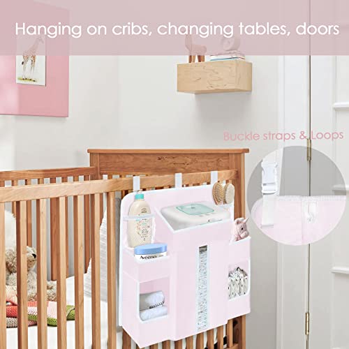 YENING Hanging Diaper Organizer for Changing Table Baby Nursery Diaper Holder Stacker for Crib Baby Essentials Storage Pink - Thumbnail 4