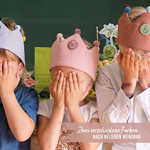 Papierdrachen Geburtstagskrone Musselin mit Zahlen - Rosa - für den Kindergeburtstag - Krone aus Musselinstoff mit Button Zahlen von 1-8… – Ansicht 6