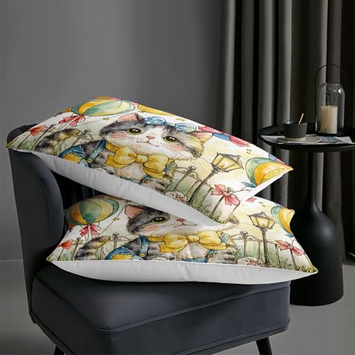 Image of AILONEN Cute Kitten Comforter Full Size 3-Piece Watercolor Cat Bedding Whimsical Bow Tie Pet Quilted Cover Teens Dorm Room Decor Aesthetic Animal Duvet Alternative Light Breathable Bedspread