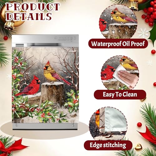 Image of Christmas Cardinals Dishwasher Magnet Cover, 23x26In Winter Birds Dishwasher Magnet Sticker for Holiday Decoration Funny Dish Washer Magnetic Cover Kitchen Fridge Panel Decal
