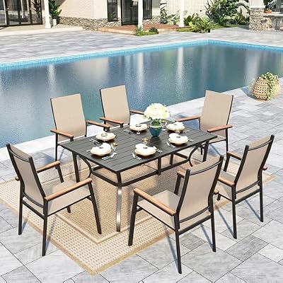 Sophia & William Patio Table and Chairs Set 7 Pieces, 6 Aluminium Patio Dining Chairs with 60" x 38" Metal Dining Table, Stackable and Easy to Move for Outdoor Garden Lawn (Beige)