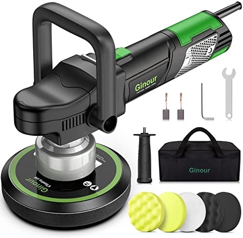 Car Polisher, Ginour Dual Action Car Polisher, 6 Variable Speeds 2000-6400OPM, D-Handle & Side Handle, 4 Polishing pad, 2 Carbon Brushes,150mm Base Ideal for Car Sanding, Polishing