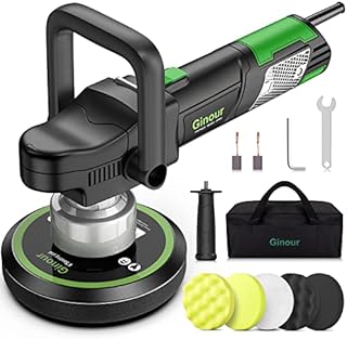 Car Polisher, Ginour Dual Action Car Polisher, 6 Variable Speeds 2000-6400OPM, D-Handle & Side Handle, 4 Polishing pad, 2 Carbon Brushes,150mm Base Ideal for Car Sanding, Polishing