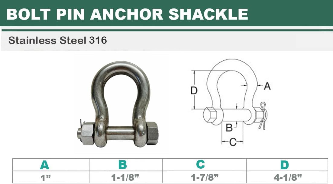 Prolinemax Stainless Steel T316 Drop Forged 1" Bolt Pin Anchor Shackle 10000 Lb WLL