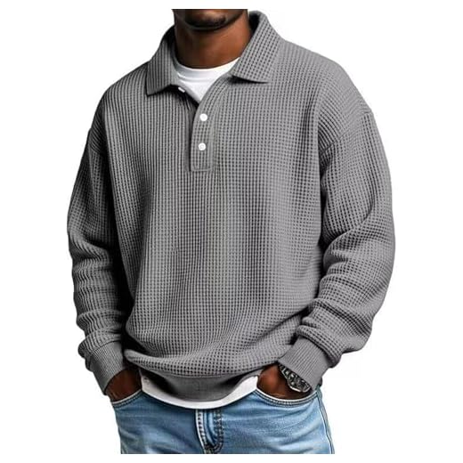 Waffle Polo Shirts Men Slim Fit Collar Long Sleeve Comfortable Button Down Thermal Workout Golf Shirt Comfortable Tops, A005-Gray, XXL