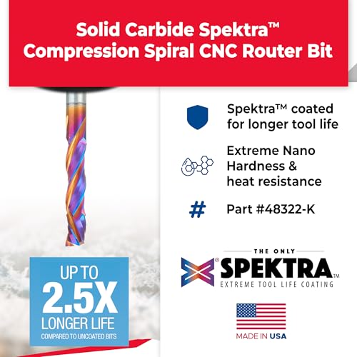 Image of Amana Tool CNC SC Spektra Extreme Tool Life Coated Compression Spiral, 48322-K, 6mm D x 28mm CH x 6mm SHK x 75mm Long 3 Flute Router Bit