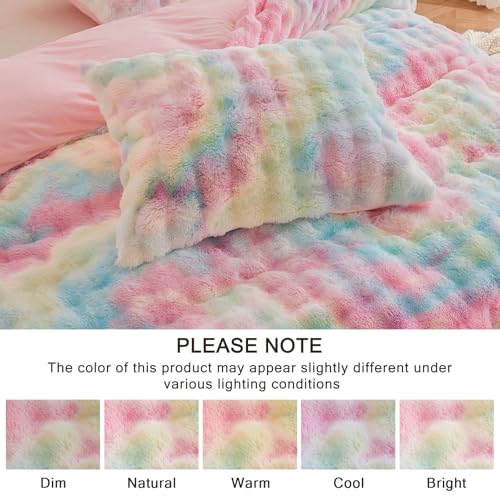Image of EMME Faux Fur Duvet Cover Queen Size, 3 Pieces Ultra Soft Fluffy Comforter Cover, Cozy Warm for Winter, Luxury Elegant Shaggy Bubble Design Bedding, 1 Duvet Cover & 2 Pillow Shams (Queen, Rainbow)