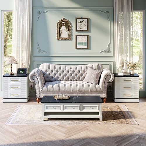 RECHHX 3 Drawer Dresser for Bedroom, 25.6" Tall Nightstand with Charging Station, Farmhouse 23.6" Wide End Table, Thermoformed Curved Small Chest of Drawers for Bedroom, Living Room, White — view 4