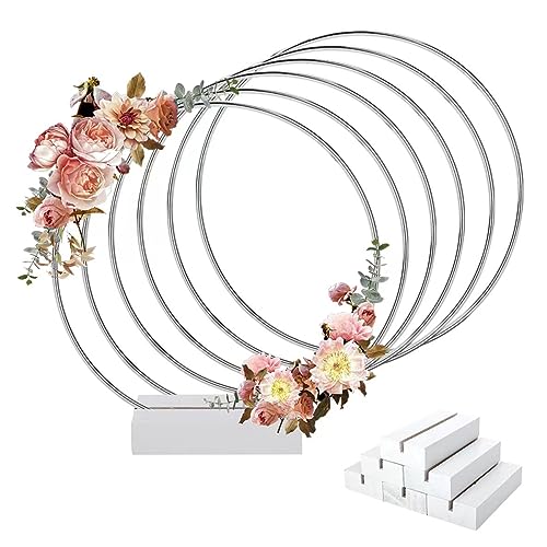Worown 6 Pezzi Centrotavola a Cerchio Floreale in Metallo con 6 Base in Legno per Tavolo, 25 cm Anelli Ghirlanda Argento per Realizzare Decorazioni per Ghirlande da Tavolo di Nozze