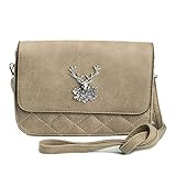 Enzianblau Trachten: Tasche in Wildleder-Optik mit HIrschbrosche, Trachtencluch, Oktoberfest Tasche zum Dirndl (Taupe)