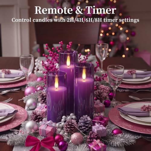 Image of Homemory Purple Battery Operated Flameless Candles with Remote and Timer, Flickering LED Pillar Candles, Acrylic Decorative Candles for Home Decor, Weddings, Parties and Holidays, 9 Pack