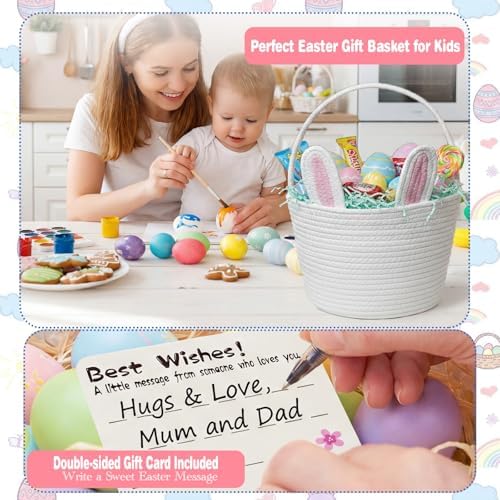 BEIYANA Easter Basket for Kids, Cute Bunny Easter Basket with Removable Ears & Writable Name Tag, Personalized Cotton Rope Woven Empty Easter Basket, First Easter Gift for Toddlers Boys Girls (Pink) - 5
