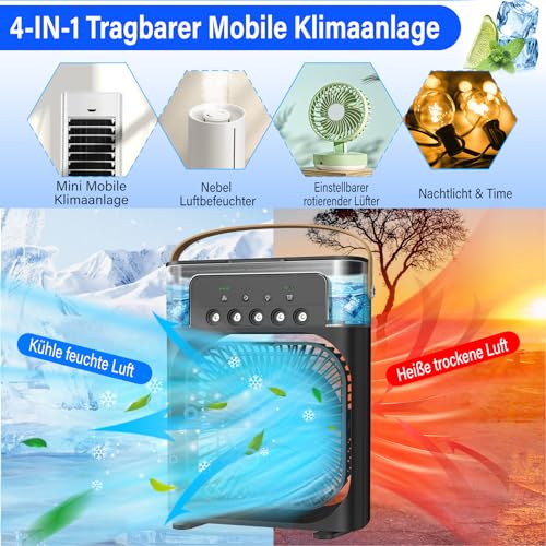 Mini Air Conditioning Portable Air Cooler Mobile Air Conditioner with 3 Speeds, 1/2/3H Timer, 360° Rotation, Small Personal Air Conditioning Fan, USB Desktop Cooling Fan for Office, Home, Black