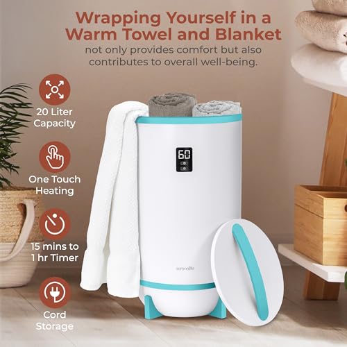 Image of SereneLife Towel & Blanket Warmer, One Touch Portable Bath Towel Warmer with Fragrant Disc Holder, Timer (15, 30, 45, or 60 minutes) and LED Display, Auto Shut Off, Ideal for Bathroom & Spa Use, Blue