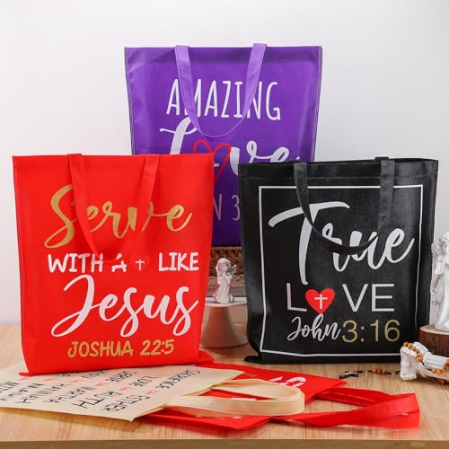 Sweetude 24 Pcs Christian Tote Gift Bags Bulk Large Jesus Scripture Tote Bags 15x17 Inch Religious Non Woven John 3: 16 Bible Church Gifts(Multicolor)