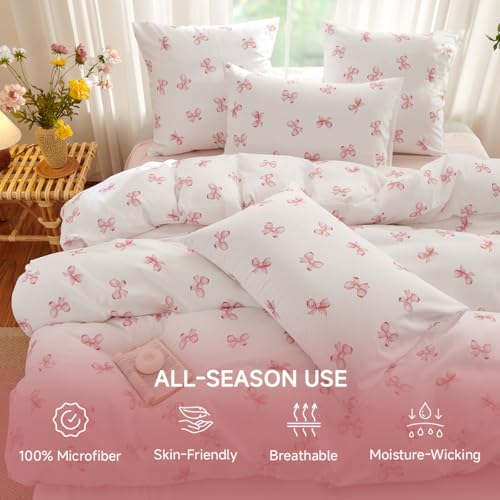 Image of Girls Duvet Cover Set Full Size,Pink White Bow Ties Pattern Bedding Set for Adults Kids Romantic Style,Soft Chic Microfiber Comforter Cover Sets with Zipper Closure and 2 Pillowcases