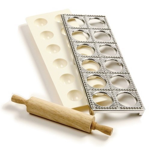 Conjunto de 3 peças Norpro de máquina de ravioli e prensa com rolo, grande, branco e prata