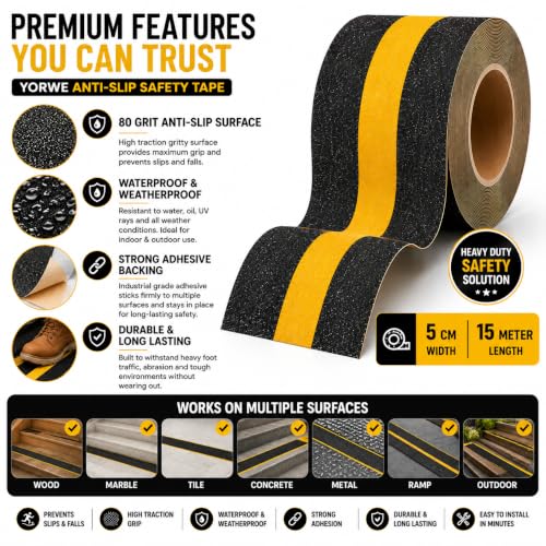 Image of YORWE Anti Slip Stair Tape with Glow in the Dark Strip - Heavy Duty Waterproof Non Slip Traction Tape for Stairs, Steps, Outdoor & Indoor Safety (Black and Yellow, 5 Meter)