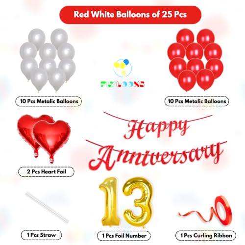 Image of Flyloons 13th Happy Anniversary Decoration Items Red White for Men Women Husband Wife Mom Dad Parent Couple Home Bedroom Car With 20 Pcs Metallic Balloons Anniversary Banner 2 Pcs Heart Set Kit