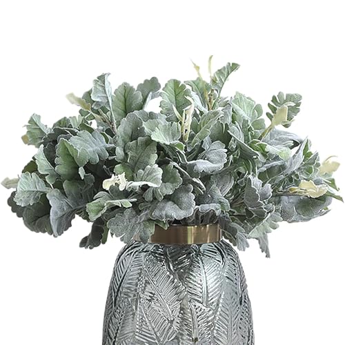 10Pcs Artificial Dusty Miller Bush Greenery Faux Green Dusty Miller Plants Fake Flocked Lambs Ear Leaf Stems Faux Lambs Ear Bouquet for Floral Arrangement Home Wedding Decoration