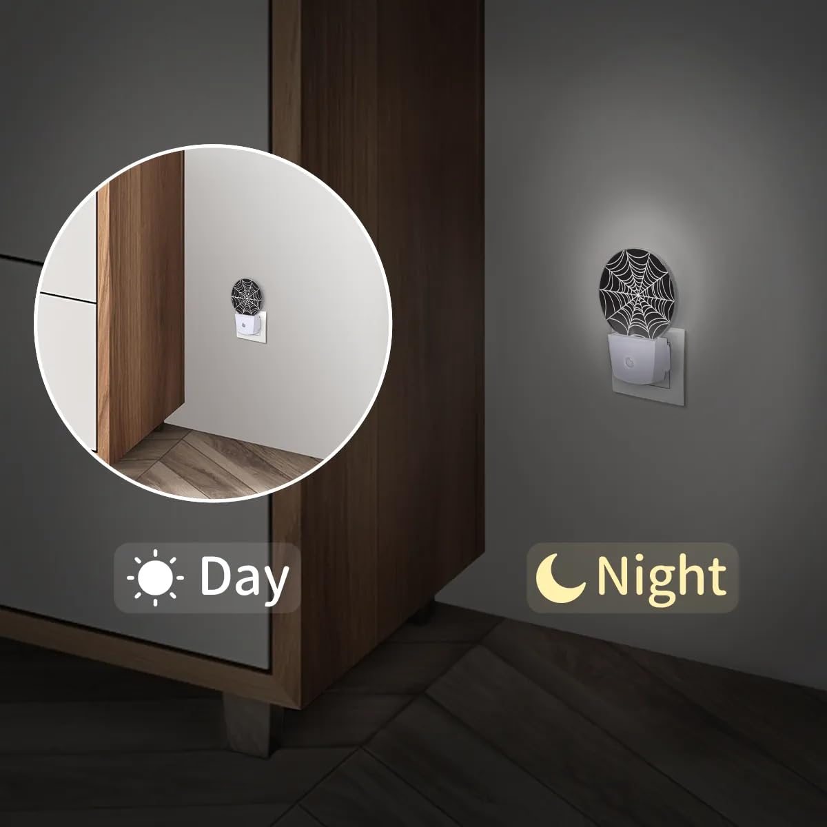 LLCXCSI Plug-in Led Night Light with Auto Dusk to Dawn Sensor for Boys Girls Room Decor, Wall Lamp Nightlights for Hallway,Bedroom, Kids Room, Kitchen, Stairway, (Black Spider Web, 0.5W, 2 Pack)