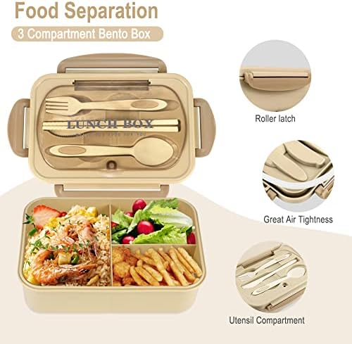 Kisstta Lunch Box for Adults, 1200ml Kids Bento Box with 3 Compartments, Leakproof Bento Lunch Box with Utensils, Khaki