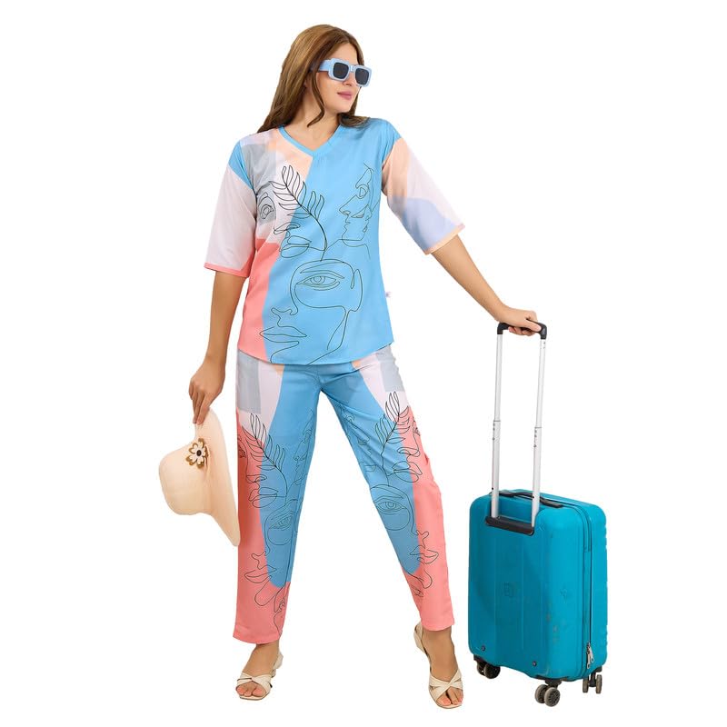 Riza Digital Rayon Fabric V-Neck 3/4th Sleeves Relaxed Fit Printed Top and Pyjama Night Suit Set/NS-2275-image-22