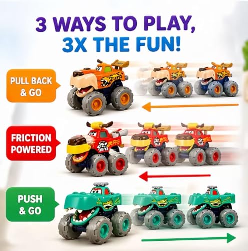 Image of MOONTOY Toy Cars for Toddlers 1-3, 3 Pack Monster Truck Toys for 1 2 3 Year Old Boy Gifts, Baby Animal Play Vehicle Push Pull Back Truck for 12-18 Months 2-4 0-2 1-2 One Year Old Boy 1st Birthday Gift