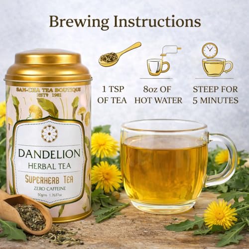 Image of Sancha Tea Boutique, Imported Dandelion Leaves Herbal Tea, Loose Leaves, Harvested in China | Toasty & Floral Caffeine-Free Detox Infusion, Fatty Liver Detox